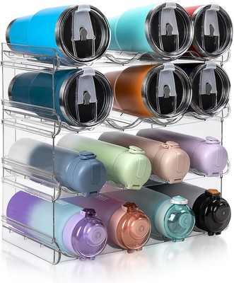 Stackable Water Bottle Organizer, Large Compartment 4 Pack, Clear 