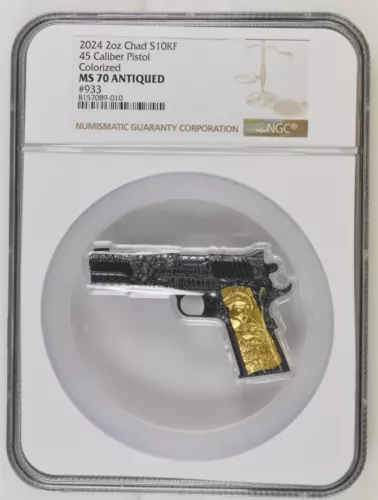 2 Oz Silver Coin 2024 Chad .45 Caliber Pistol NGC MS 70 Antiqued Colorized #933