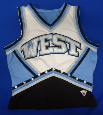 COSPLAY VARSITY SPIRIT WEST BLUE WHITE & BLACK CHEERLEADER CHEER TOP SIZE MEDIUM