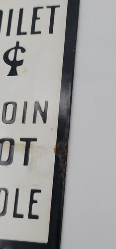 Letrero de metal esmaltado de porcelana rústica envejecida de 5 centavos de inodoro de pago vintage - Imagen 6 de 9