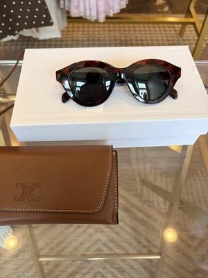 CELINE Triomphe Mini 47mm Round Tortoise Brown Sunglasses Gray Lens UV400