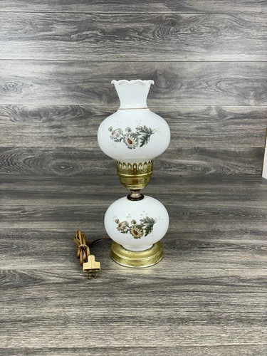 Gone With The Wind Hurricane Lamp Milk Glass Hand Painted Spring Flowers