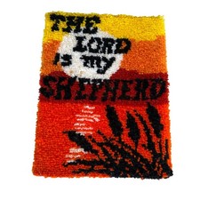 Vintage latch hook rug The Lord is My Shepard orange yellow sunset w/ Backer
