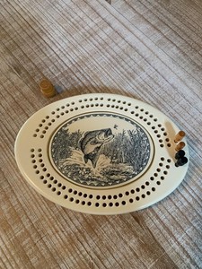 Resin Cribbage Board Heavy 7" x 5" Oval With Leaping Fish Design & Original Pegs