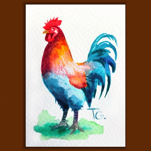 Original ACEO Rooster Watercolor Painting – Miniature Animal Art, Unique Gift - Picture 2 of 8