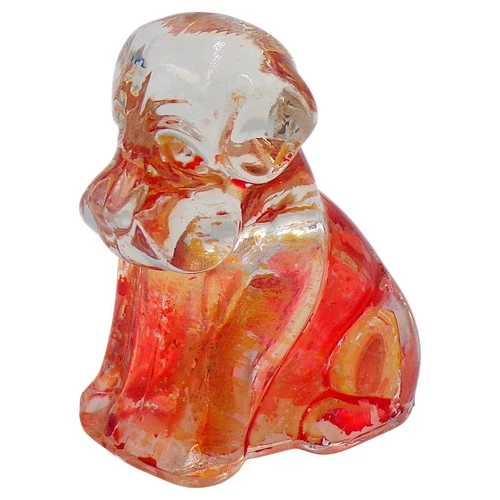 Vintage Art Glass Dog Figurine Orange Clear Murano Style Mid-Century Paperweight