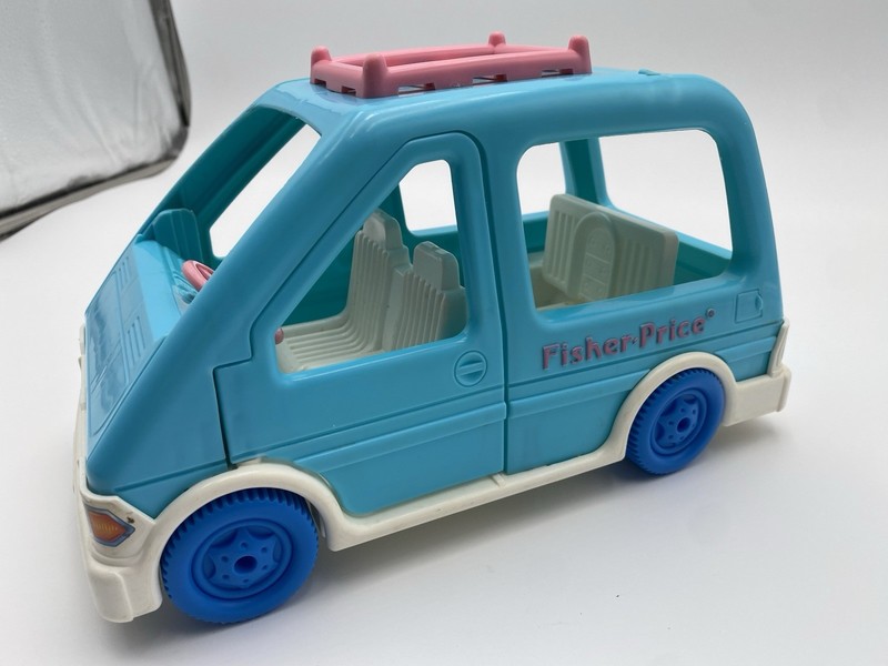 Vintage Fisher-Price Little People Blue Family Van Vehicle with Pink Roof Rack