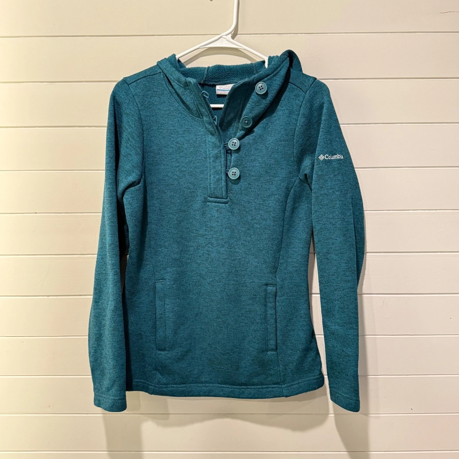 Columbia Women's Sweater-Knit Fleece Hoodie Teal Button Cowl Neck Pullover Small