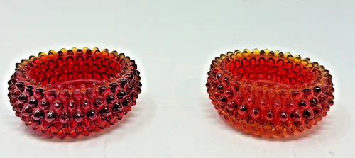 2 Vintage Amber Fenton Votive Candle Holder Votive Glass Hobnail Spike Amberina