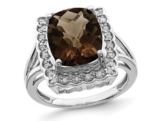 5.45 Carat ctw Cushion-Cut Smoky Quartz Ring Sterling Silver with Diamonds
