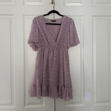 Shein Dress Womens Large Purple Swiss Dot V Neck Flutter Sleeve Ruffle Mini