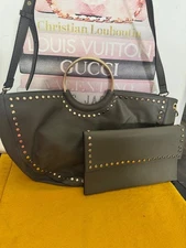 I-N-C INTERNATIONAL CONCEPTS STUDDED BANGLE SATCHEL & INC OLIVE CROSSBODY BAG