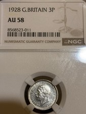 1928 Great Britain Silver 3 Pence NGC AU58