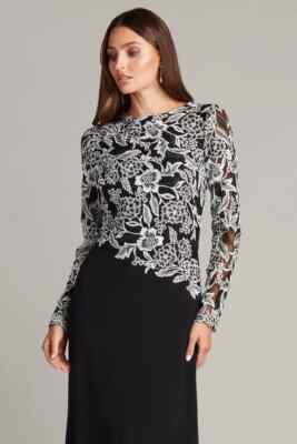 Tadashi Shoji Black Ivory Embroidered Floral Lace Crepe Gown Size