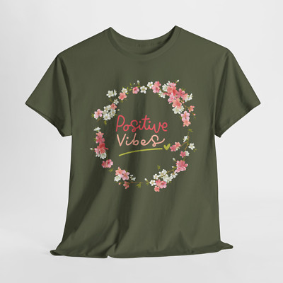 Womens Pink Floral Top Positive Vibes Heart Wreath TShirt S-XL, Plus 2X 3X 4X 5X