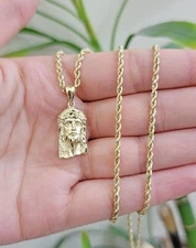 REAL 10k Gold Pendant & Solid Rope Chain Necklace 18" - 24 Inch Jesus Face Charm