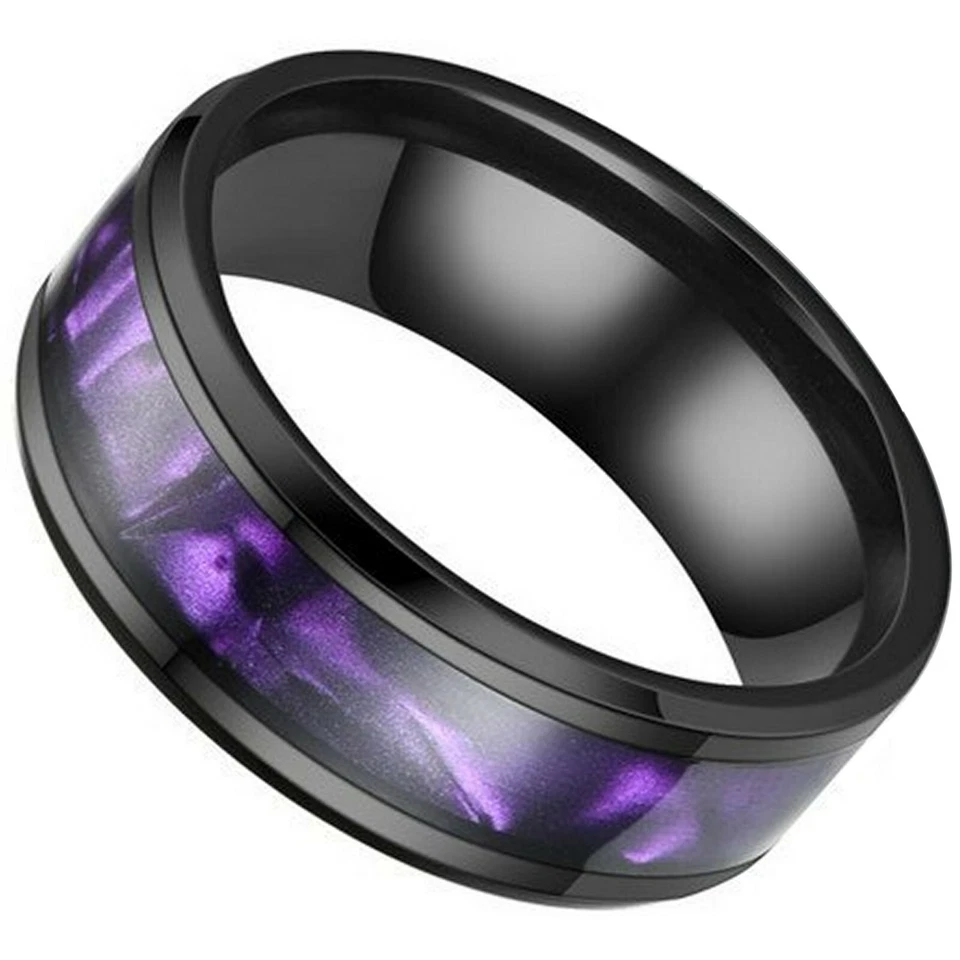 Anillo de boda de amatista sintética negro de acero inoxidable púrpura para hombre y mujer Foto 3 de 4