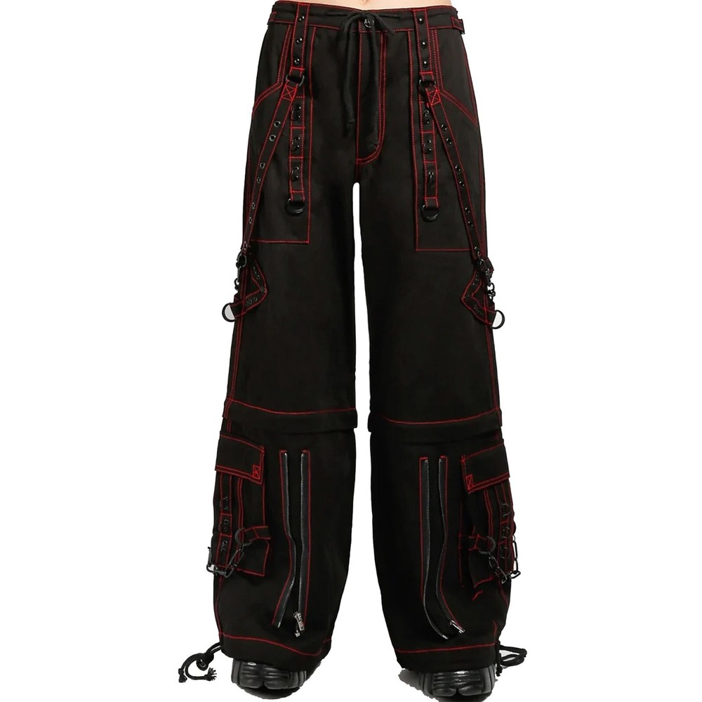 Puritues Gothic Women's Black Super Studded Red Stitching Fashion Gothic Pants