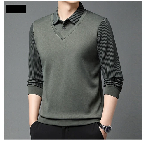 T-shirt uomo finta due pezzi slim risvolto maglia fondo maglietta maglione top - Foto 20 di 30