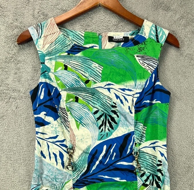 Vestido Ellen Tracy Mujer 2 Azul Verde Hawaiano Tropical Tiki Funda Sin Mangas Foto 3 de 4