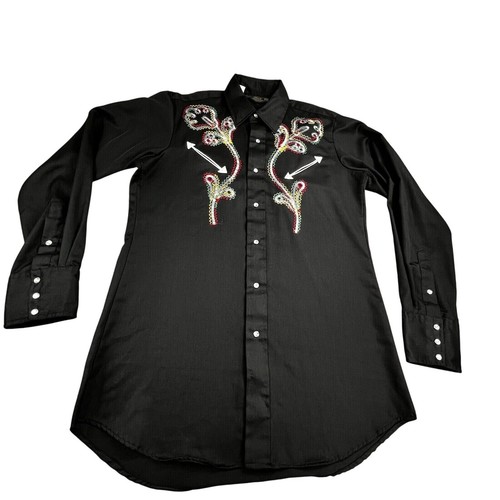 VTG Sears Western Wear Embroidered Pearl Snap Shirt Men M Black Yoke Rodeo Cowbo