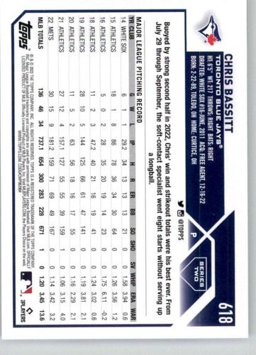 Chris Bassitt 2023 Topps #618 MLB Blue Jays ID:76655 - Foto 2 di 2