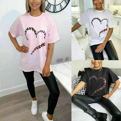 New Womens Oversized Butterfly Love Heart Print Short Sleeve T-Shirt Ladies Top 