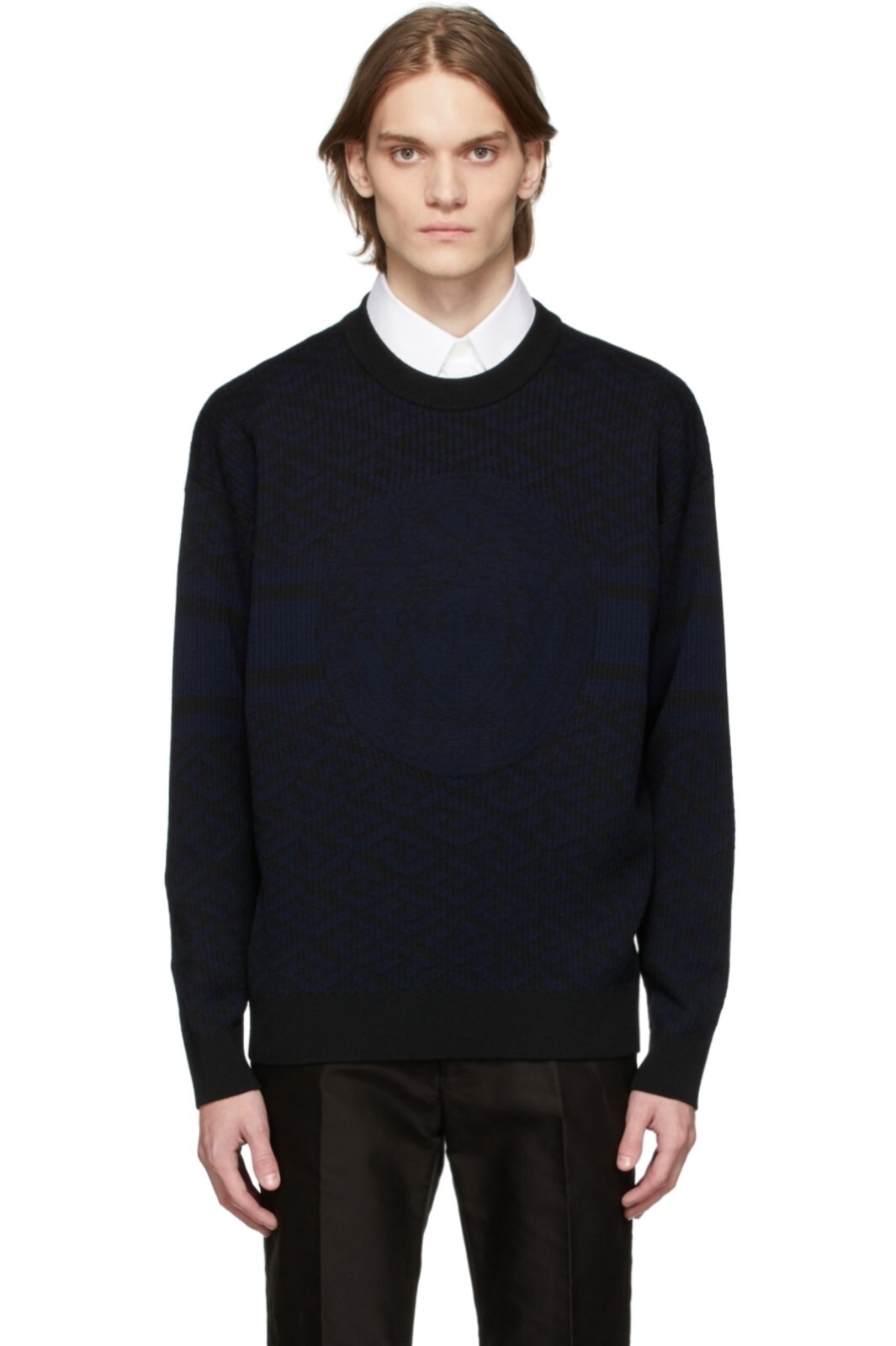 New Authentic Versace La Greca Medusa Monogram Sweater Black And Navy Size 48 M