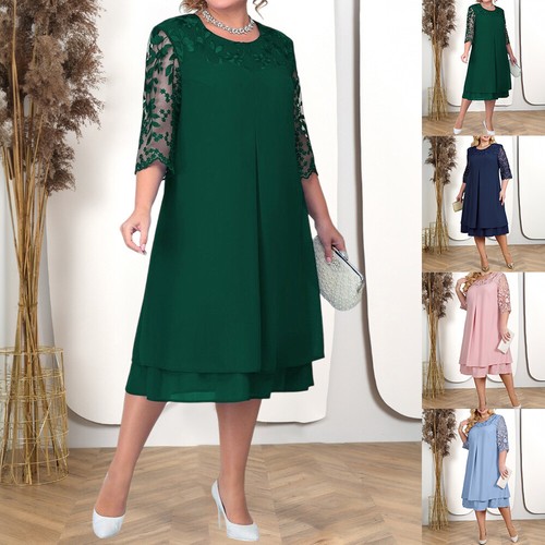 Plus Size Women's Chiffon Lace Half Sleeve Midi Dress Party Cocktail Gown Dress