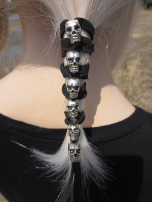 SKULL Black Leather Hair Wrap Tie Ponytail Holder Bead cuff Biker Goth Clothing