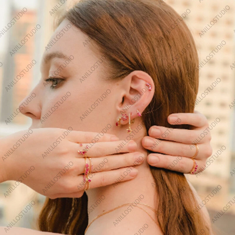 14k Yellow Gold Star&Crescent Moon Drop Earrings,Ruby,Diamond,Blue Sapphire Hoop - Image 3 of 4