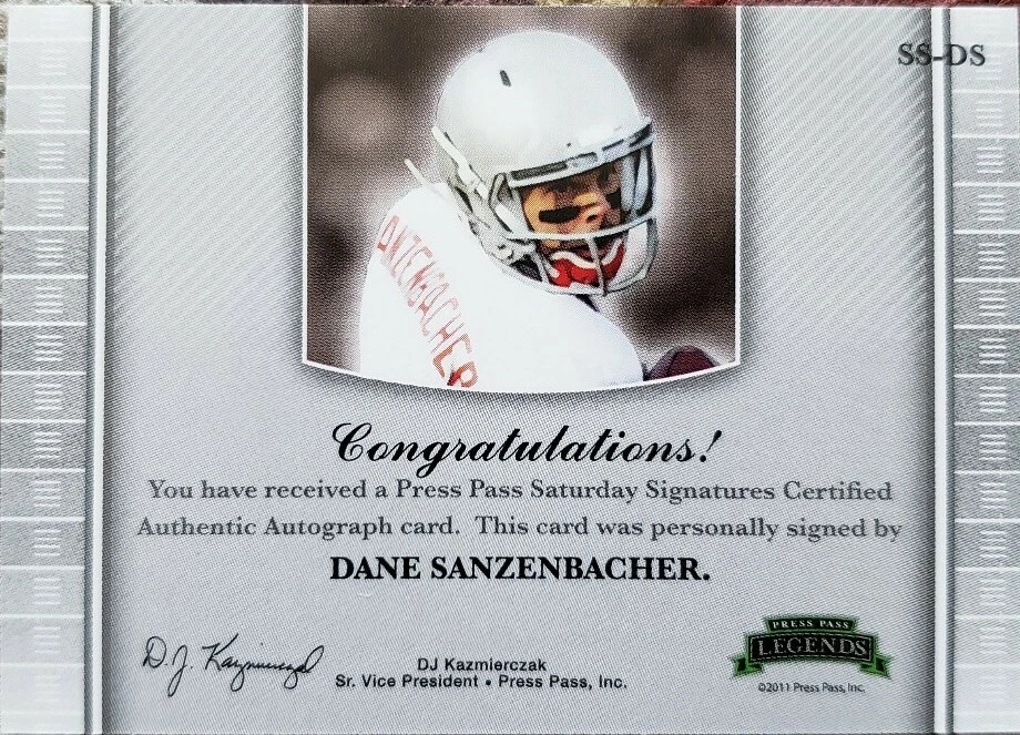 DANE SANZENBACHER 2011 Press Pass Legends Rookie AUTO Autograph Green #/99 Bears - Image 2 of 2