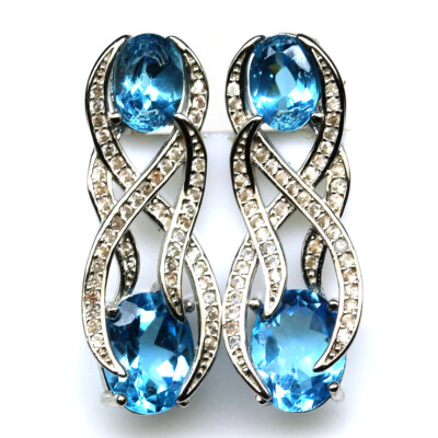 925 Sterling Silver Swiss Blue Topaz & Zircon Earrings White Gold Christmas