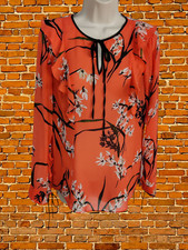 KAREN MILLEN ORANGE BLOUSE TOP SIZE UK 10 WOMENS LONG SLEEVE SEMI SHEER TIE TRIM