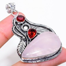 Pink Rose Quartz Gemstone 925 Sterling Silver Jewelry Pendant Size 2.45"