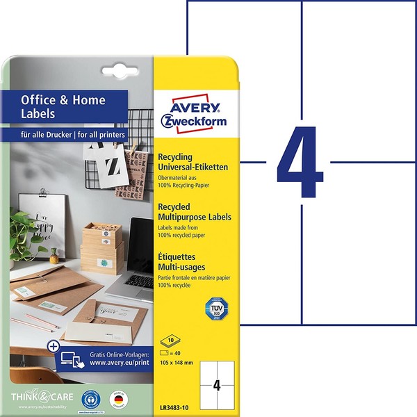 Avery Zweckform Recycling-Universal-Etiketten Home Office 105 X 148 Mm 40 Etiket-image