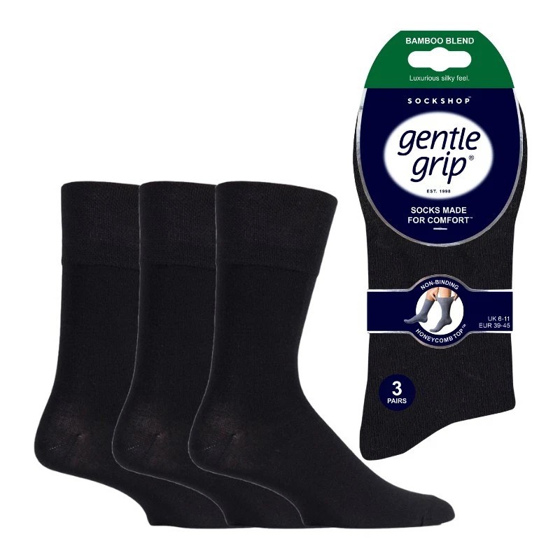 3 Pairs Mens Gentle Grip Bamboo Non Binding Diabetic Socks UK 6-11 Black