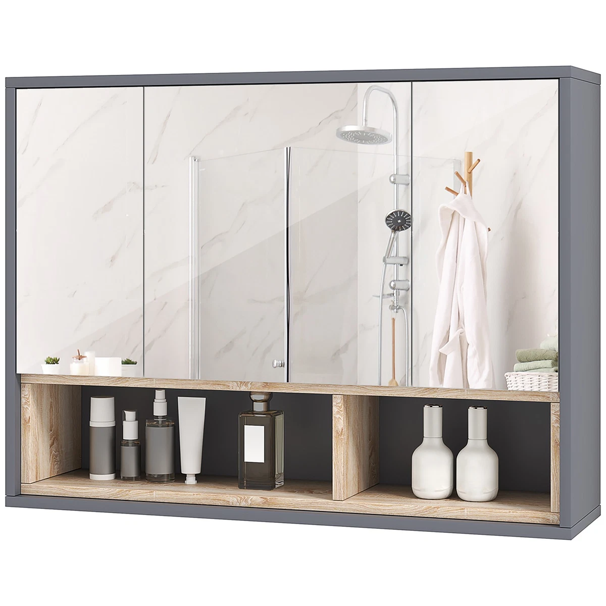 HOMCOM Mueble de Baño Montado en Pared Espejo Almacenamiento con Estantes Gris
