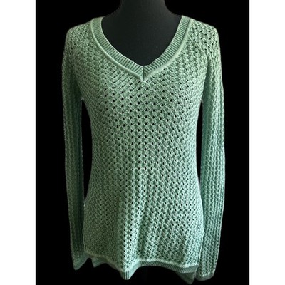 BCBGMAXAZRIA Kent Dusty Jade Green Cotton Silk Open Knit V-Neck Sweater XS