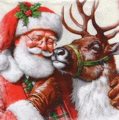3 Lunch Servietten ~ Weihnachten, Weihnachtsmann mit seinen Rentieren ~ 33x33