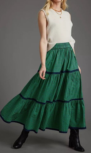 NWT Anthropologie Skirt Maxi Navy, Green Gingham Tiered Size 8 Lace Trim Cotton - Picture 3 of 8