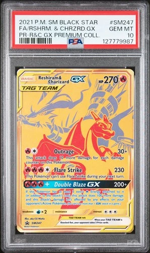 2021 POKEMON SM BLACK STAR PROMO #SM247 FULL ART/RESHIRAM & CHARIZARD GX PSA 10