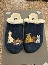 Lands End Slippers/Clogs Blue Felt w/ 5 Good Dogs, Size 7B