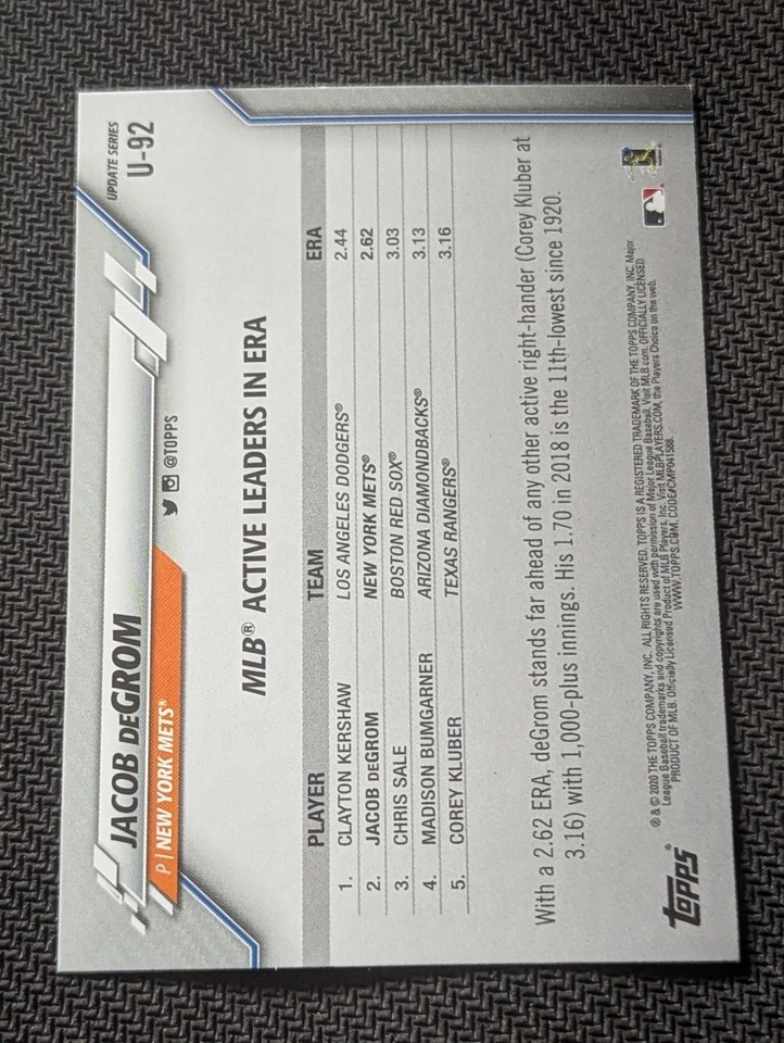 2020 Topps Update Series #U-92 JACOB deGROM Active Leaders ERA RAINBOW FOIL - Image 2 of 2