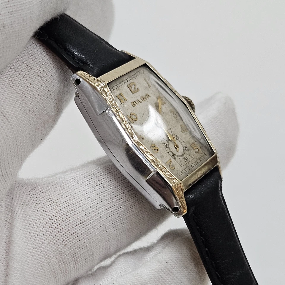 Rare Vintage Bulova Deco Men Two Tone Watch Carved Case Cal 10AN 15 Jewel Swiss - Image 4 of 4