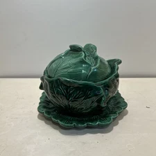 Vintage Holland Mold Lg Ceramic Green Cabbage Bowl With Lid Serving Dish Tureen
