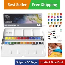 Professional Watercolor Paint Set, Lightweight Metal Box, 24 Half Pan