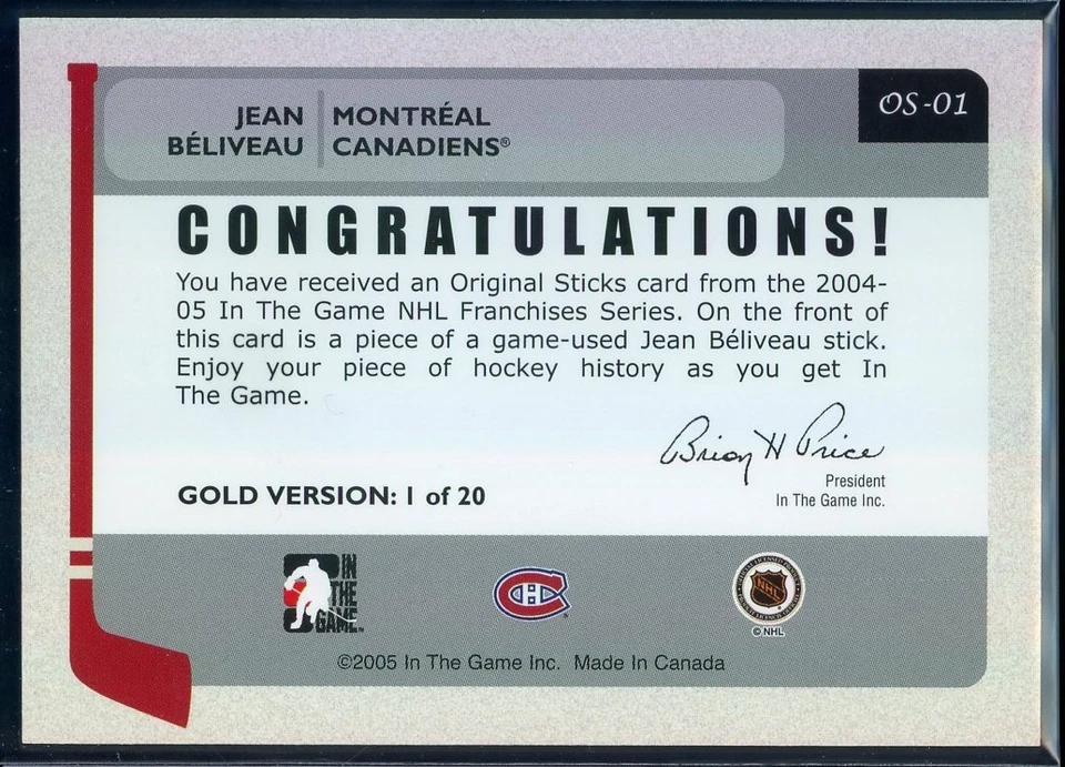 2004-05 ITG Franchises Canadian Original Sticks Gold #OS1 Jean Beliveau XX/20 - Image 2 of 2