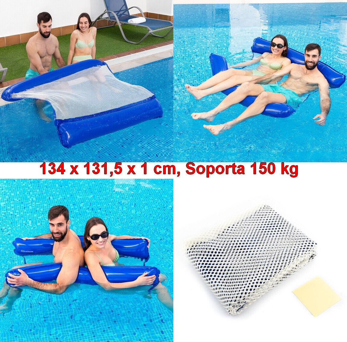Hamaca de Agua Flotante doble para Piscina 134x131,5x1 cm,soporta 150 kg,parche