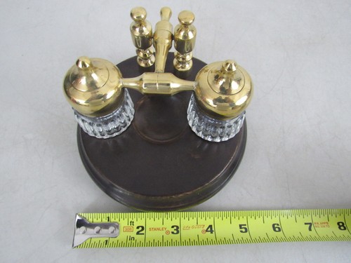 Soporte doble tintero de madera y latón macizo pulido - estilo antiguo vintage - Imagen 9 de 10